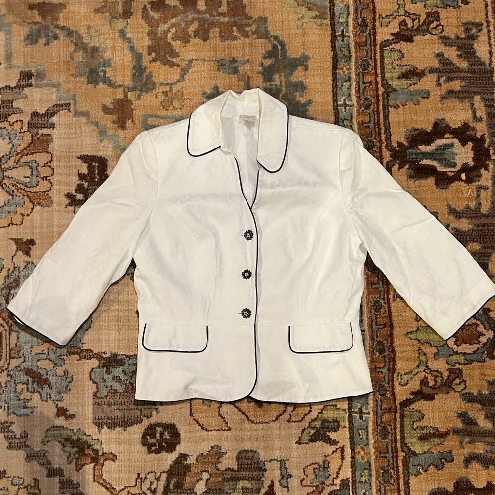 Emma James Dresses peplum jacket. White with black piping. Size 14.
